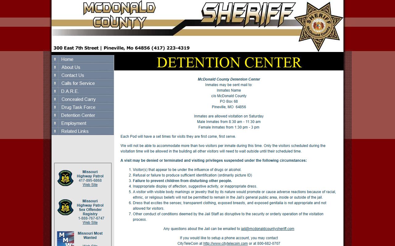 McDonald County Detention Center jail roster visitation mail phone commissary source