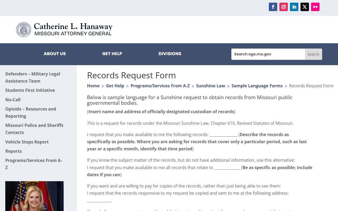 Missouri Sunshine Law request form for McDonald County inmate records